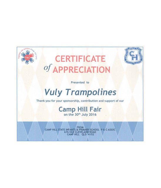 Certificate of appreciation from Camp Hill State School.